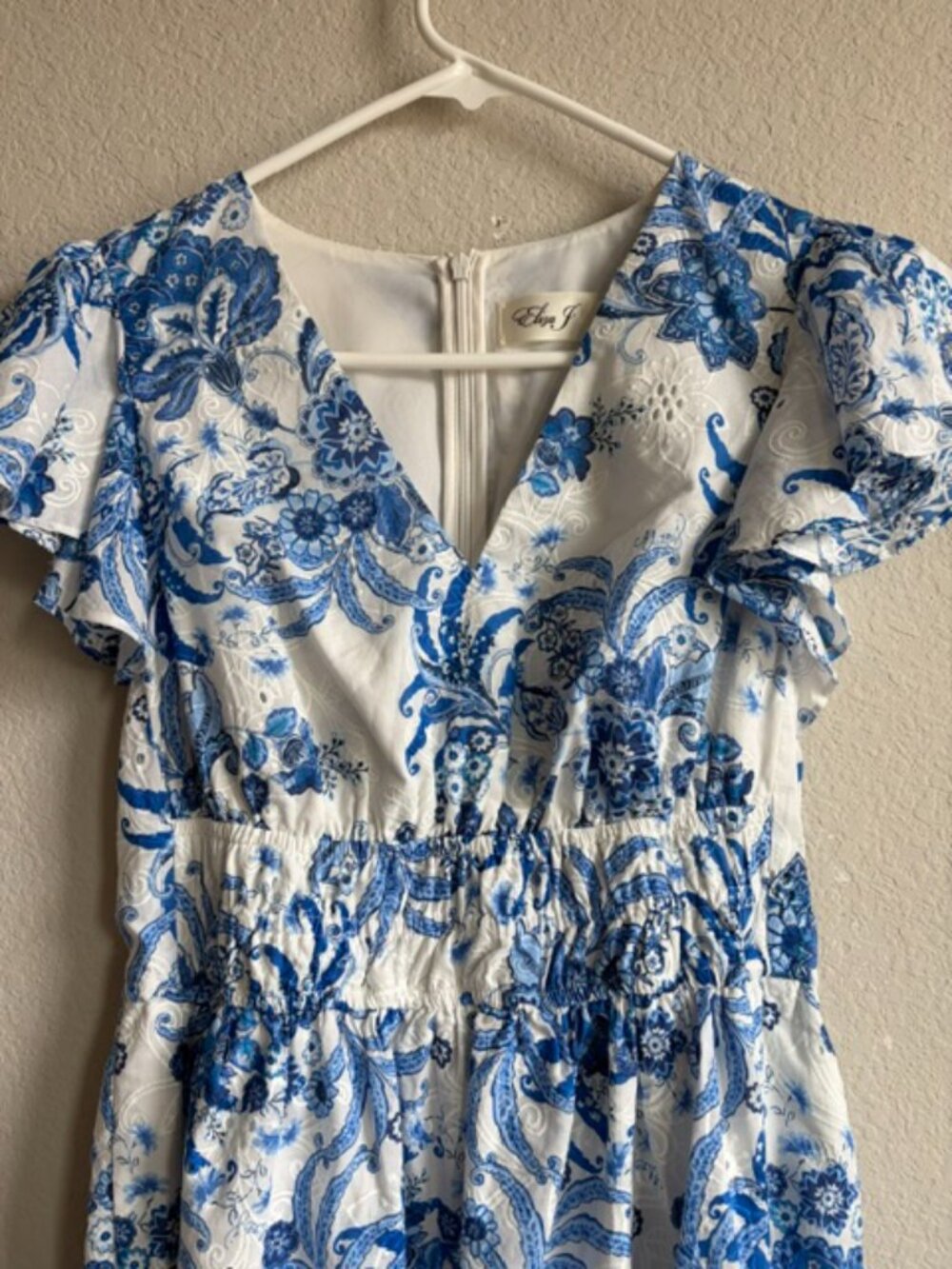 Eliza J Blue/White Floral Eyelet Fit & Flare Mini Dress Women’s Sz 2 Cottagecore - Picture 3 of 10